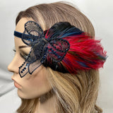 Headband. Adjustable. Navy Blue Velvet, Upcycled Vintage Applique & Feathers. Modern Flapper By The House of Kat Swank. Ready to Ship. One of a Kind.