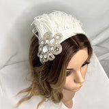 Headband. Bridal Headpiece. White & Silver. Vintage Beading & Ostrich Feathers, by The House of Kat Swank. Ready to Ship.