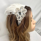 Headband. Bridal Headpiece. White & Silver. Vintage Beading & Ostrich Feathers, by The House of Kat Swank. Ready to Ship.