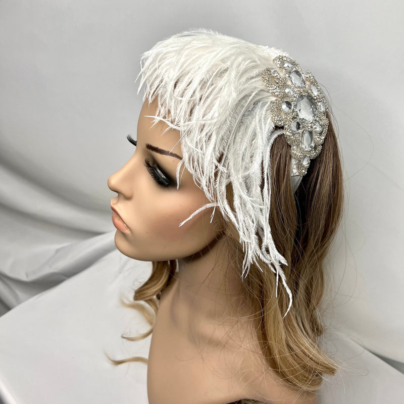 Headband. Bridal Headpiece. White & Silver. Vintage Beading & Ostrich Feathers, by The House of Kat Swank. Ready to Ship.