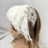 Headband. Bridal Headpiece. White & Silver. Vintage Beading & Ostrich Feathers, by The House of Kat Swank. Ready to Ship.