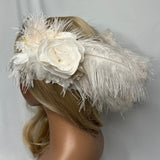 Headband, Headdress, Adjustable Bridal Headpiece. Off-White Vintage Florals, Champagne Ostrich Feathers, Silver Star Tiara. STAR  by The House of Kat Swank One of a KindReady to Ship.