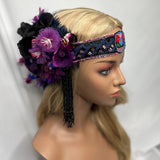 Headband, Headdress- Adjustable Headpiece. Vintage Beading and Florals circa 1920s. Repurposed Edwardian Jet Beading. By The House of Kat Swank.