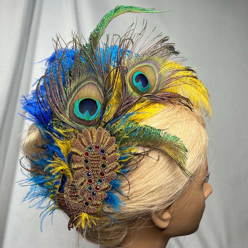 Hair Clip- Turquoise, Blue, & Gold. Don't Be Shy, Little Peacock! By The House of Kat Swank. One of a Kind. Ready to Ship.