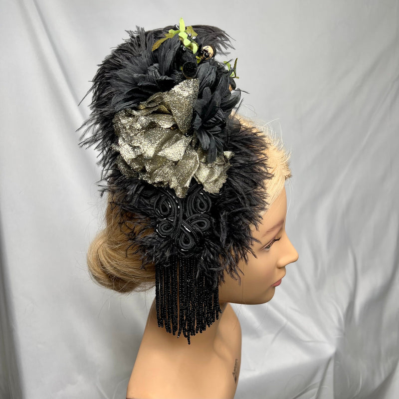 Hair Clip. Luxurious Black Ostrich Feather, Antique Gold Vintage Florals, Edwardian Jet Black Beading, Fascinator by The House of Kat Swank. Ready to ship