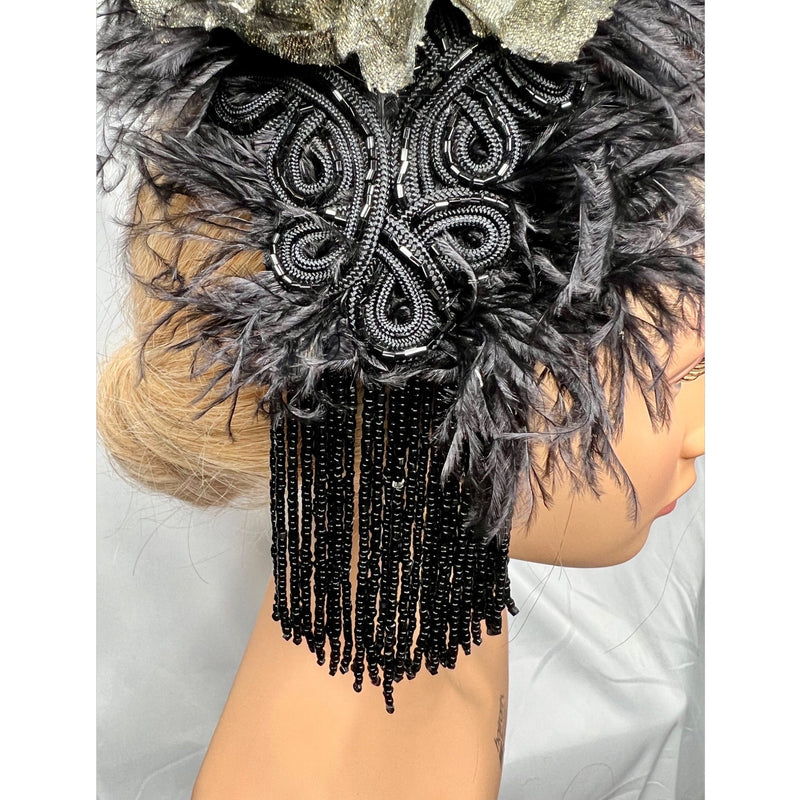 Hair Clip. Luxurious Black Ostrich Feather, Antique Gold Vintage Florals, Edwardian Jet Black Beading, Fascinator by The House of Kat Swank. Ready to ship