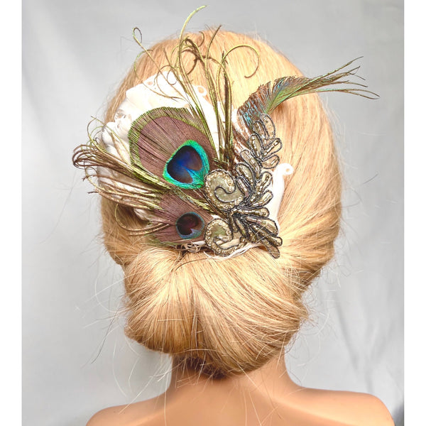 Hair Clip, Bridal Headpiece. White Gray Silver. Don’t Be Shy Little Peacock! By The House of Kat Swank. Ready to Ship. One of a Kind.