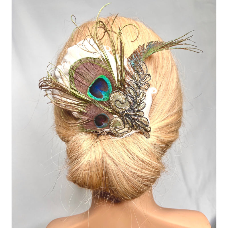 Hair Clip, Bridal Headpiece. White Gray Silver. Don’t Be Shy Little Peacock! By The House of Kat Swank. Ready to Ship. One of a Kind.