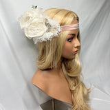 Headband, Headdress. Rose, Off-White, Vintage Florals. Vintage Silver Beaded, Adjustable Bridal Headpiece by The House of Kat Swank. Bridal Wedding Ready2Ship