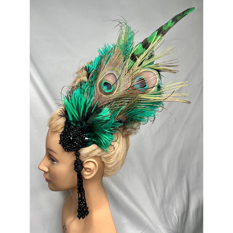 Hair Clip. Antique Jet Beads, Swarovski & Czech Crystals, Vintage Lace, Peacock Feathers. The Envy Headpiece by The House of Kat Swank. One of a Kind. Ready to Ship.