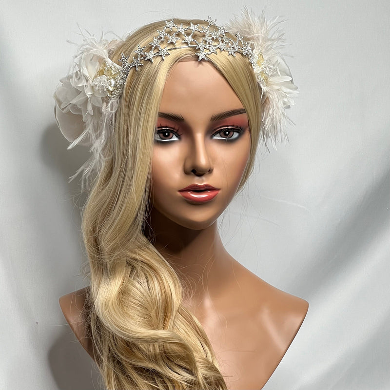 Headband, Headdress, Adjustable Bridal Headpiece. Off-White Vintage Florals, Champagne Ostrich Feathers, Silver Star Tiara. STAR  by The House of Kat Swank One of a KindReady to Ship.