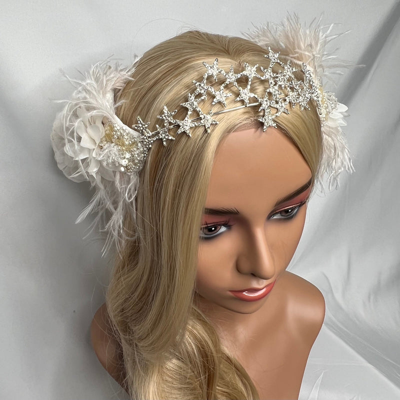 Headband, Headdress, Adjustable Bridal Headpiece. Off-White Vintage Florals, Champagne Ostrich Feathers, Silver Star Tiara. STAR  by The House of Kat Swank One of a KindReady to Ship.