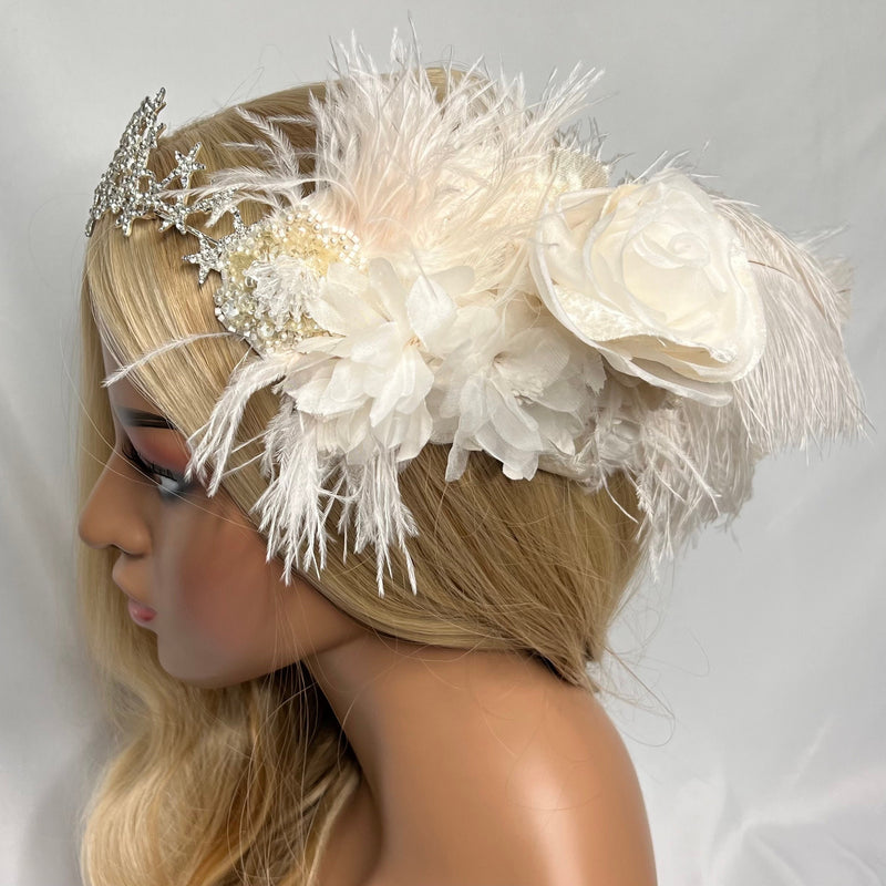 Headband, Headdress, Adjustable Bridal Headpiece. Off-White Vintage Florals, Champagne Ostrich Feathers, Silver Star Tiara. STAR  by The House of Kat Swank One of a KindReady to Ship.