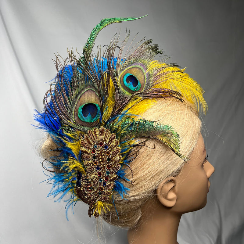 Hair Clip- Turquoise, Blue, & Gold. Don't Be Shy, Little Peacock! By The House of Kat Swank. One of a Kind. Ready to Ship.