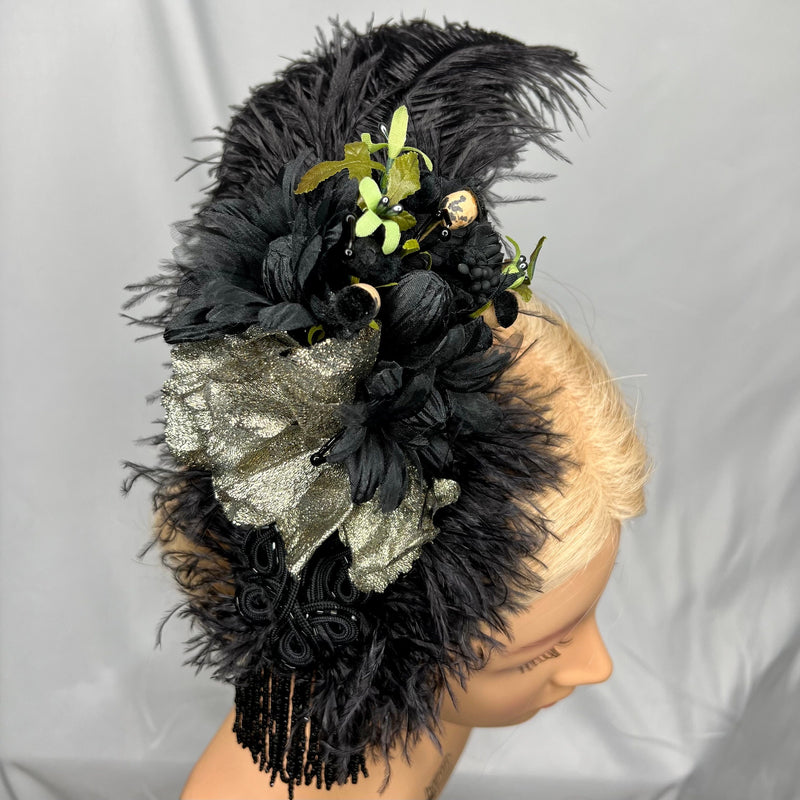 Hair Clip. Luxurious Black Ostrich Feather, Antique Gold Vintage Florals, Edwardian Jet Black Beading, Fascinator by The House of Kat Swank. Ready to ship