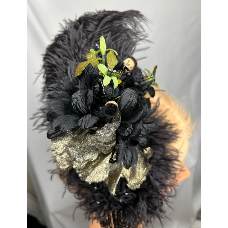 Hair Clip. Luxurious Black Ostrich Feather, Antique Gold Vintage Florals, Edwardian Jet Black Beading, Fascinator by The House of Kat Swank. Ready to ship