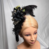 Hair Clip. Luxurious Black Ostrich Feather, Antique Gold Vintage Florals, Edwardian Jet Black Beading, Fascinator by The House of Kat Swank. Ready to ship