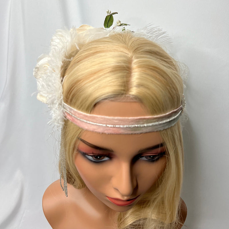 Headband, Headdress. Rose, Off-White, Vintage Florals. Vintage Silver Beaded, Adjustable Bridal Headpiece by The House of Kat Swank. Bridal Wedding Ready2Ship