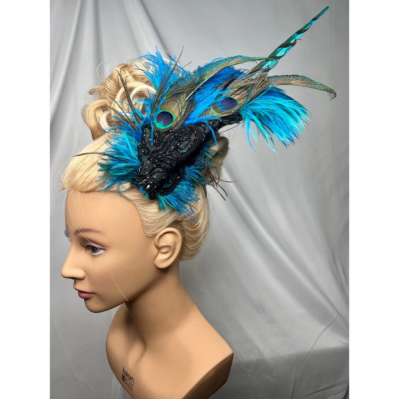 Hair Clip, Fascinator. Turquoise & Black. Don’t Be Shy Little Peacock! By The House of Kat Swank. Ready to Ship. One of a Kind.