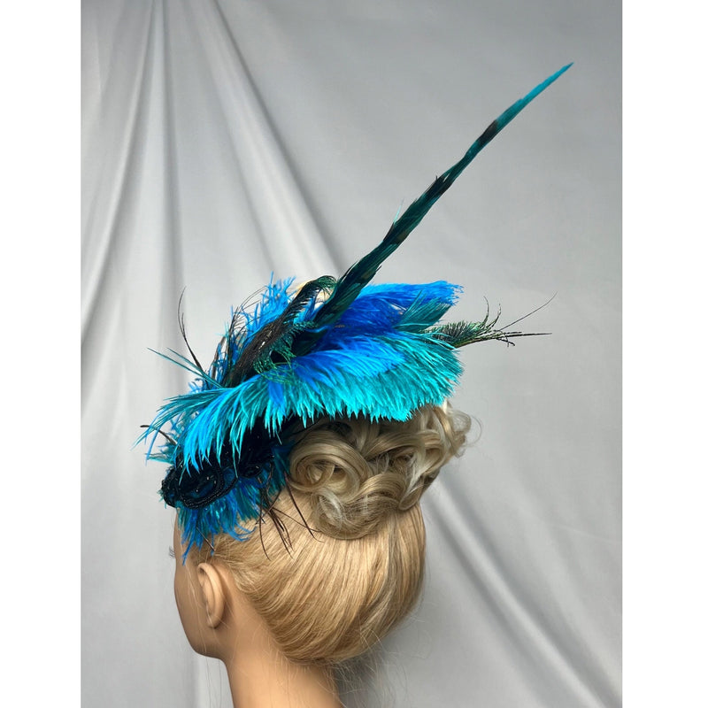 Hair Clip, Fascinator. Turquoise & Black. Don’t Be Shy Little Peacock! By The House of Kat Swank. Ready to Ship. One of a Kind.