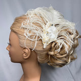 Hair Clip, Fascinator, Bridal Headpiece. Ivory Ostrich Feather with Vintage Jewels by The House of Kat Swank. Ready to Ship.