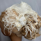 Hair Clip, Fascinator, Bridal Headpiece. Ivory Ostrich Feather with Vintage Jewels by The House of Kat Swank. Ready to Ship.