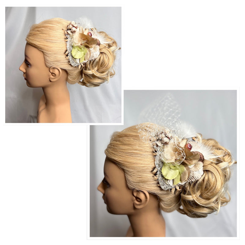 Hair Clip, Bridal Headpiece. Soft vintage florals in taupe & beige with a hint of pale green. White Peacock Feather Fascinator by The House of Kat Swank. One of a Kind. Ready to Ship.