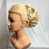 Hair Clip, Bridal Headpiece. Soft vintage florals in taupe & beige with a hint of pale green. White Peacock Feather Fascinator by The House of Kat Swank. One of a Kind. Ready to Ship.