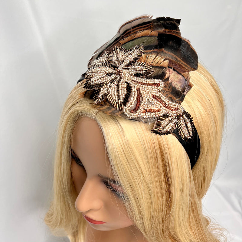 Headband, Fascinator- Bronze, Black & Brown, Beaded with Feathers, by The House of Kat Swank. Ready to Ship. One of a Kind.