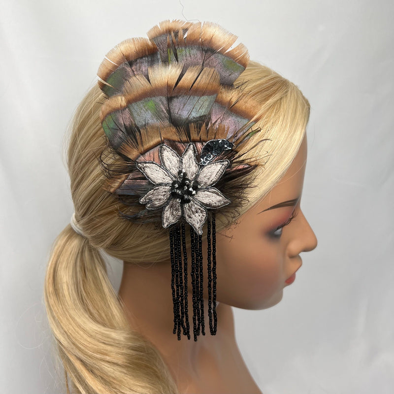 Hair Clip. Bronze, Black, & Metallic Gray, Beaded Feather Barrette by The House of Kat Swank. Ready to Ship. One of a Kind.