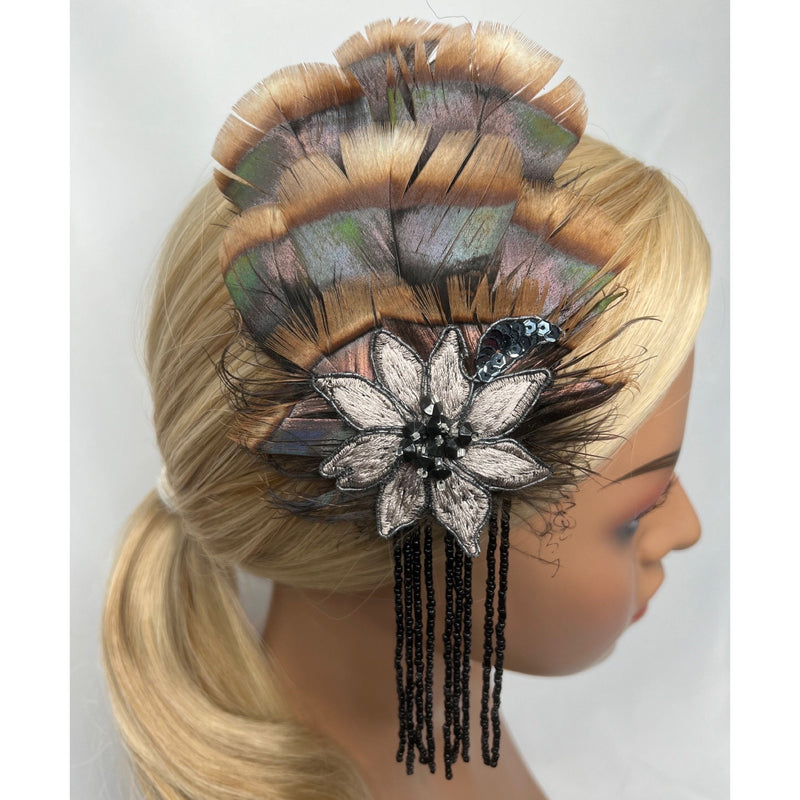 Hair Clip. Bronze, Black, & Metallic Gray, Beaded Feather Barrette by The House of Kat Swank. Ready to Ship. One of a Kind.