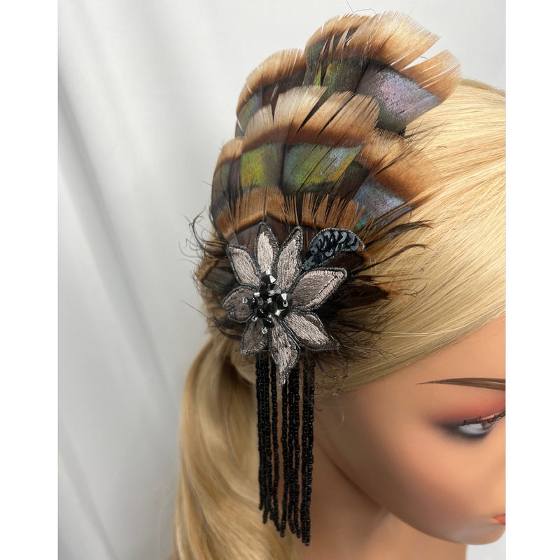 Hair Clip. Bronze, Black, & Metallic Gray, Beaded Feather Barrette by The House of Kat Swank. Ready to Ship. One of a Kind.