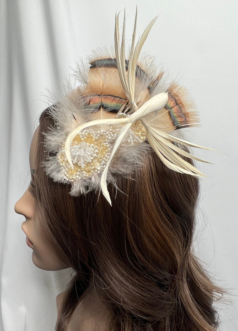 Hair Clip, Bridal Headpiece. Ivory, Beige, Bronze, & Pearl Tones. Whimsical Vintage Feather Love Bird Barrette by The House of Kat Swank. Ready to Ship. One of a Kind.