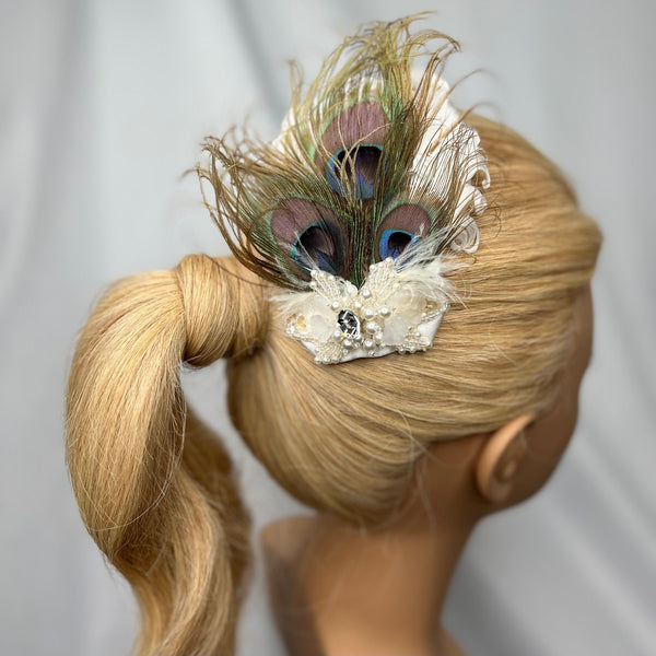 Hair Clip, Bridal Barrette. Don’t Be Shy Little Peacock! Bridal Headpiece by The House of Kat Swank. Ready to Ship. One of a Kind.