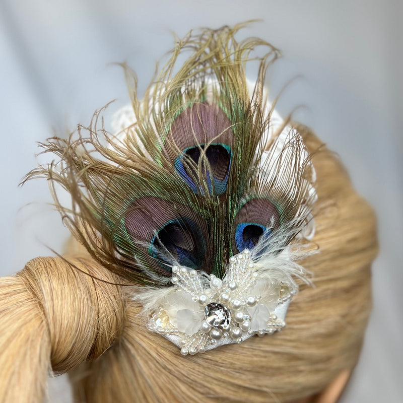 Hair Clip, Bridal Barrette. Don’t Be Shy Little Peacock! Bridal Headpiece by The House of Kat Swank. Ready to Ship. One of a Kind.