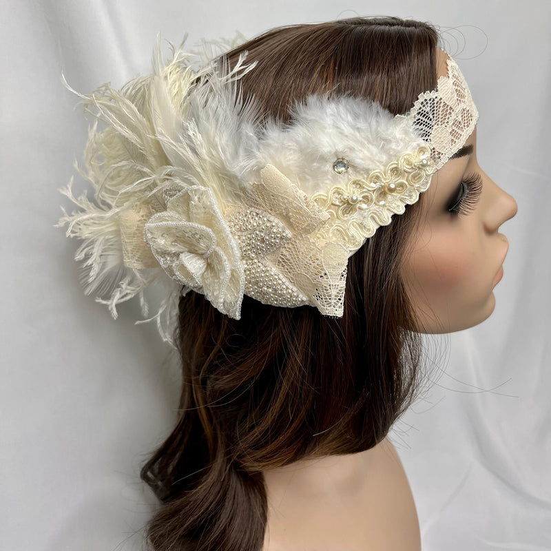 Headband, Headdress. Lovely Vintage Lace & Bow Adjustable Bridal Headpiece by The House of Kat Swank. Ready to Ship. One of a Kind. Boho. Bohemian Bride.