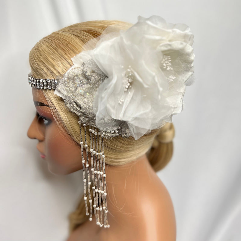 Headband, Headdress. Vintage Materials- Antique Silver Lace. Adjustable Bridal Headpiece by The House of Kat Swank. Ready to Ship. One of a Kind.