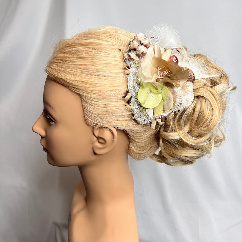 Hair Clip, Bridal Headpiece. Soft vintage florals in taupe & beige with a hint of pale green. White Peacock Feather Fascinator by The House of Kat Swank. One of a Kind. Ready to Ship.