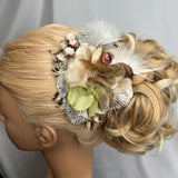 Hair Clip, Bridal Headpiece. Soft vintage florals in taupe & beige with a hint of pale green. White Peacock Feather Fascinator by The House of Kat Swank. One of a Kind. Ready to Ship.