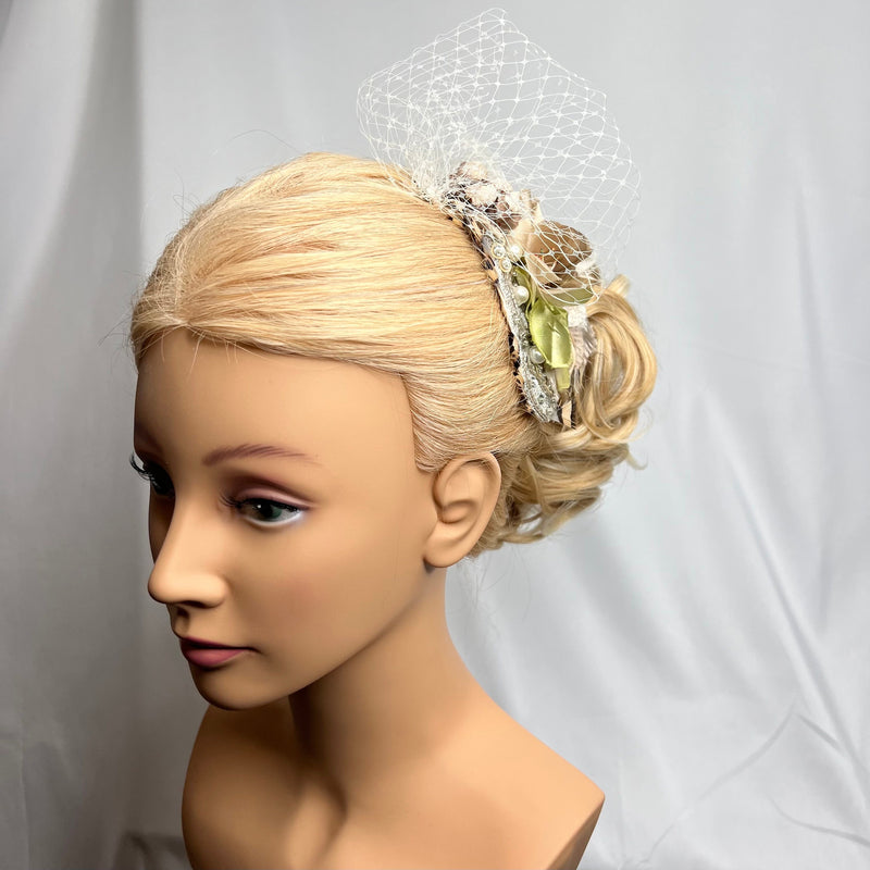 Hair Clip, Bridal Headpiece. Soft vintage florals in taupe & beige with a hint of pale green. White Peacock Feather Fascinator by The House of Kat Swank. One of a Kind. Ready to Ship.