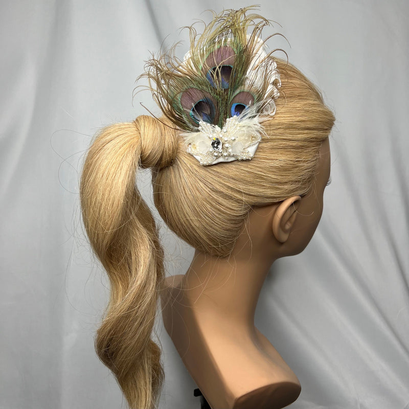 Hair Clip, Bridal Barrette. Don’t Be Shy Little Peacock! Bridal Headpiece by The House of Kat Swank. Ready to Ship. One of a Kind.