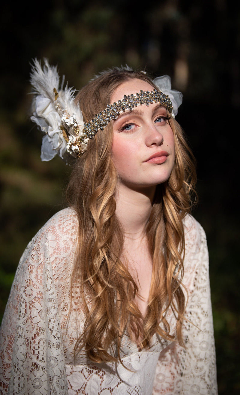 Headband, Headdress, Adjustable Bridal Headpiece. Vintage Materials, Ivory, White, & Gold Headpiece by The House of Kat Swank. Ready to Ship. One of a Kind.