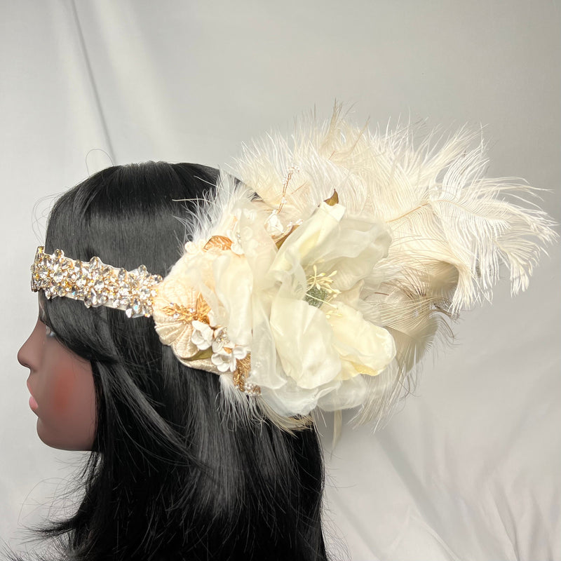 Headband, Headdress, Adjustable Bridal Headpiece. Vintage Materials, Ivory, White, & Gold Headpiece by The House of Kat Swank. Ready to Ship. One of a Kind.