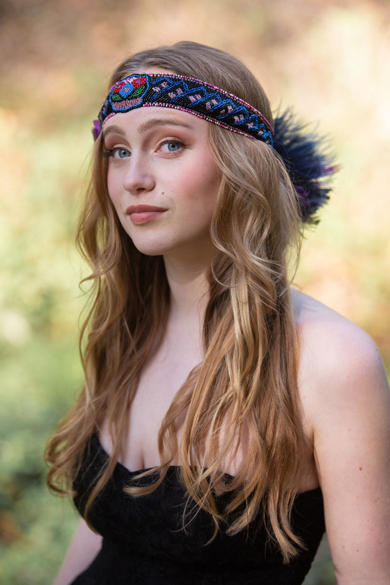 Headband, Headdress- Adjustable Headpiece. Vintage Beading and Florals circa 1920s. Repurposed Edwardian Jet Beading. By The House of Kat Swank.