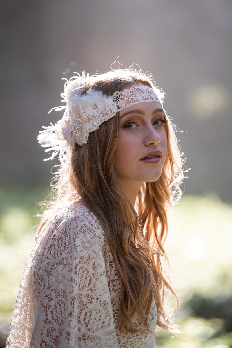 Headband, Headdress. Lovely Vintage Lace & Bow Adjustable Bridal Headpiece by The House of Kat Swank. Ready to Ship. One of a Kind. Boho. Bohemian Bride.