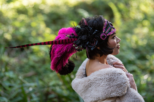 Headband, Headdress. Flapper Headpiece. 1920s Beads. Vintage Black Feather & Florals. Adjustable Sizing. By The House of Kat Swank. One of a Kind.