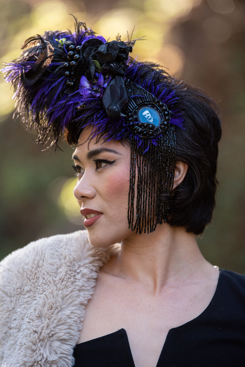 Hair Clip, Fascinator. Black, & Purple. Nevermore. Antique Jet Beading, Feathers, Vintage Florals. The Raven Edgar Allan Poe. Ready to Ship.