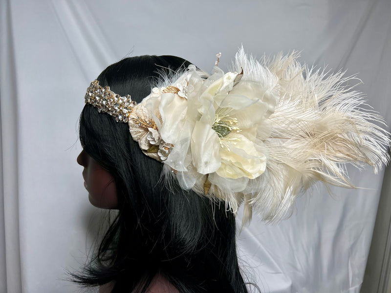 Headband, Headdress, Adjustable Bridal Headpiece. Vintage Materials, Ivory, White, & Gold Headpiece by The House of Kat Swank. Ready to Ship. One of a Kind.