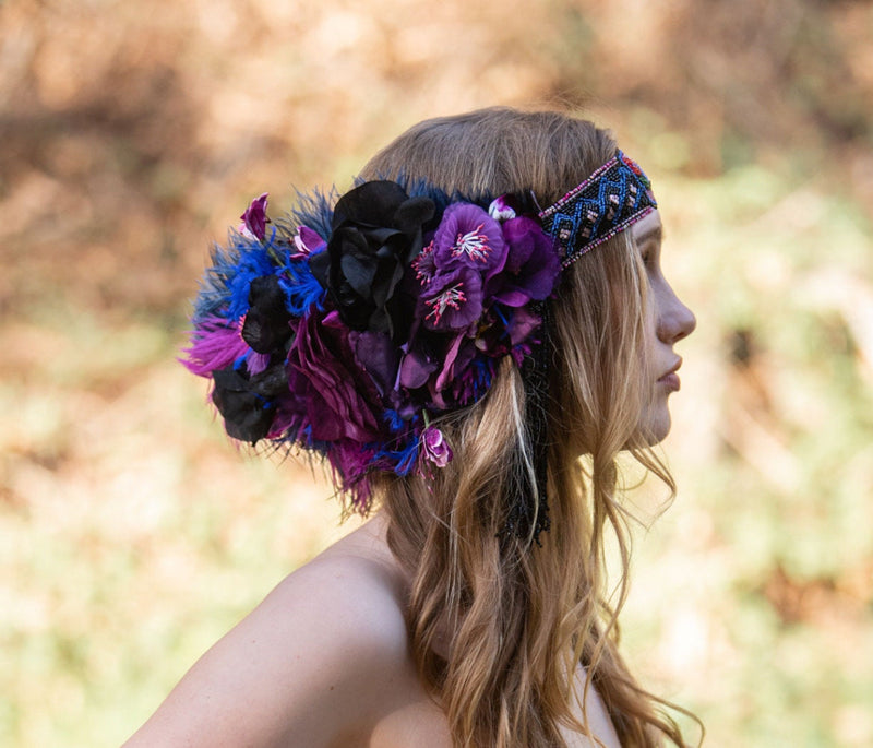 Headband, Headdress- Adjustable Headpiece. Vintage Beading and Florals circa 1920s. Repurposed Edwardian Jet Beading. By The House of Kat Swank.