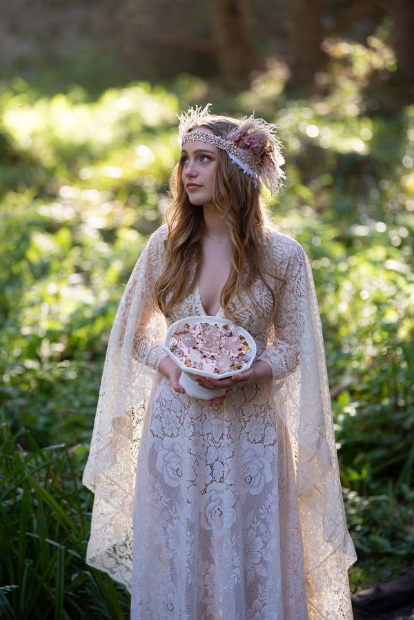 Headband, Headdress. Adjustable Bridal Headpiece. Rose, Ivory, Antique Gold, & Rose Gold by The House of Kat Swank. Ready to Ship. One of a Kind.